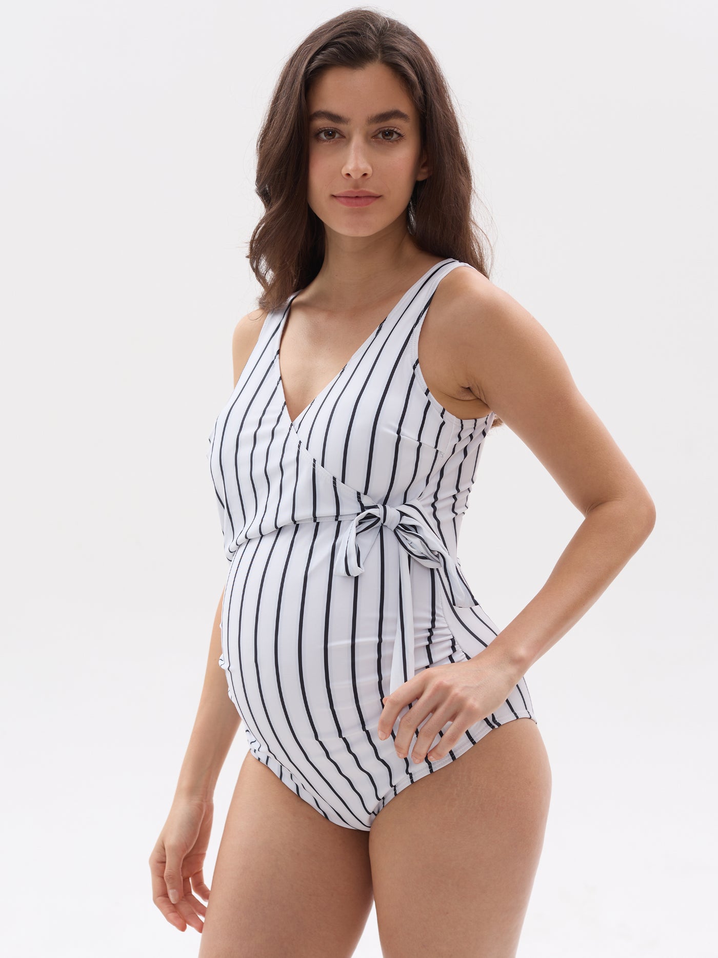 Striped Waist Tie Ruched Side One-Piece Maternity Swimsuit