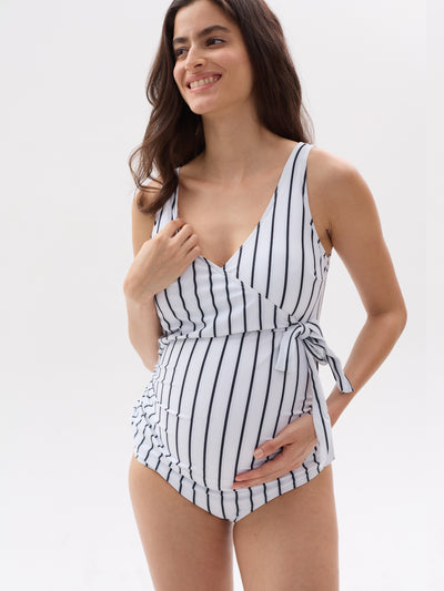 Striped Waist Tie Ruched Side One-Piece Maternity Swimsuit