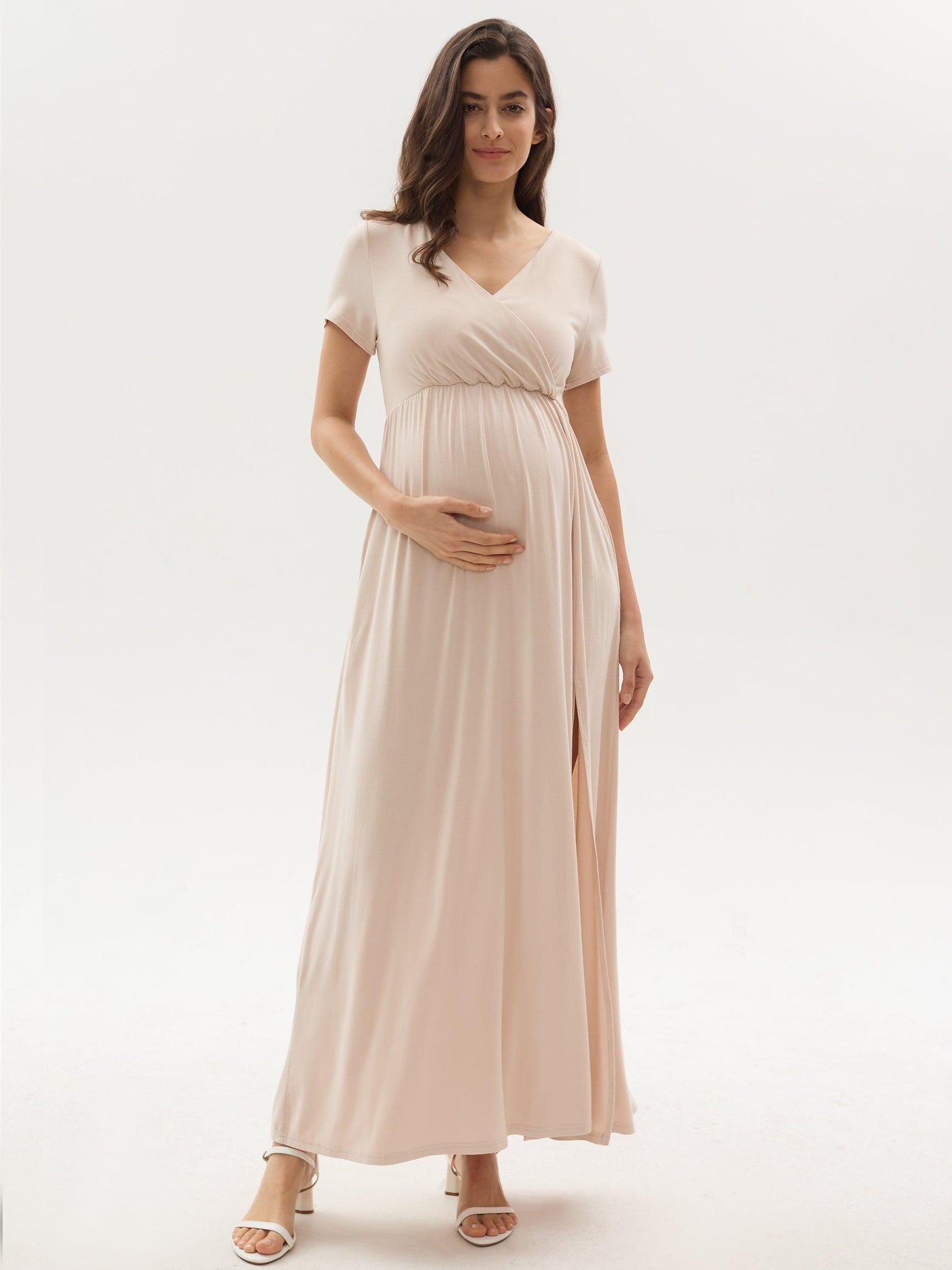 Beige V-Neck Draped Side Slit Maternity/Nursing Maxi Dress - Leolace