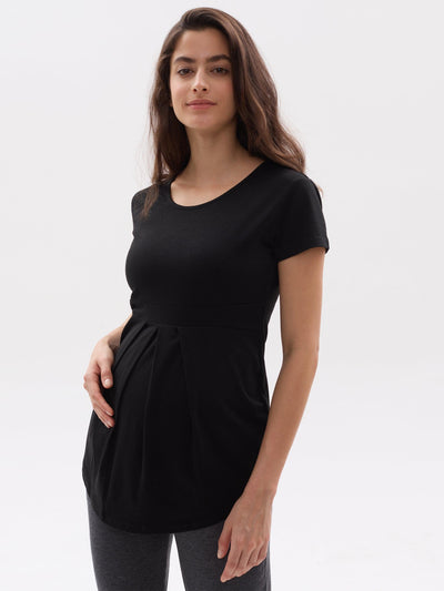 Black Pleated Peplum Short Sleeve Maternity Top - Leolace