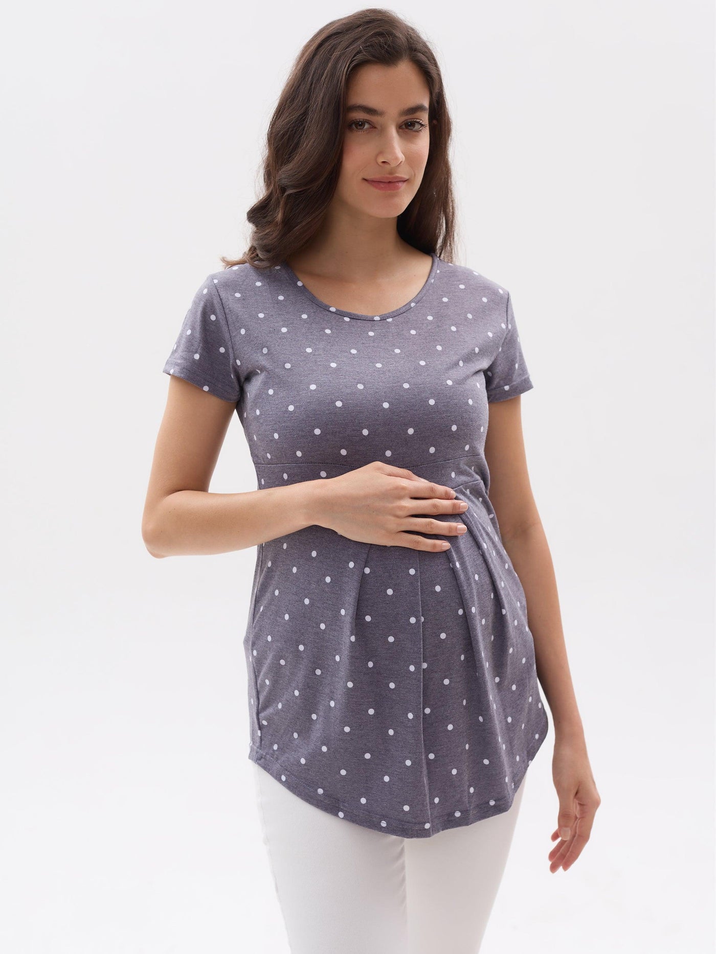 Grey Polka Dot Pleated Peplum Short Sleeve Maternity Top - Leolace
