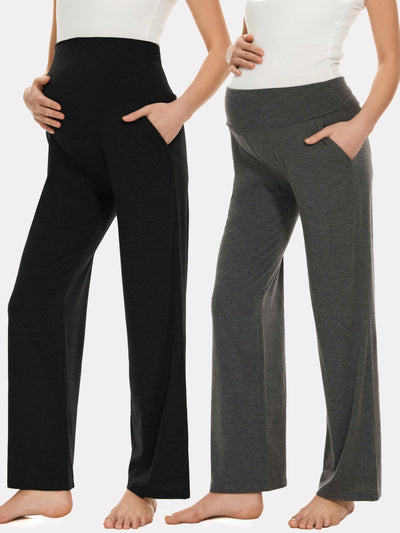 Pack of 2pcs Wide Leg Over Bump Maternity Pants with Pockets - Leolace