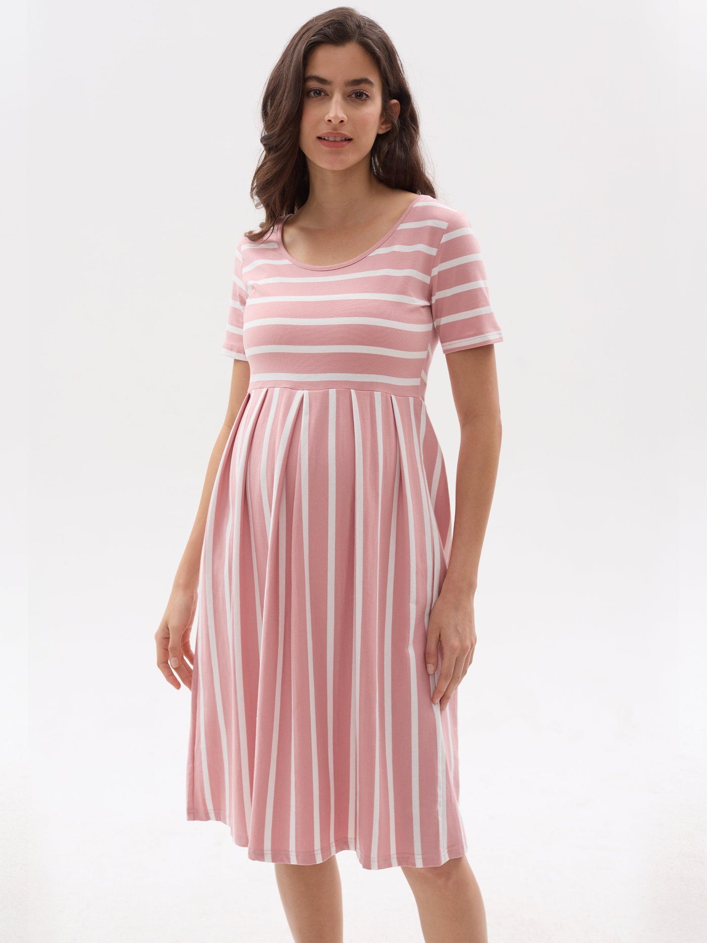 Striped Cotton Pleated Short Sleeve Maternity Midi Dress