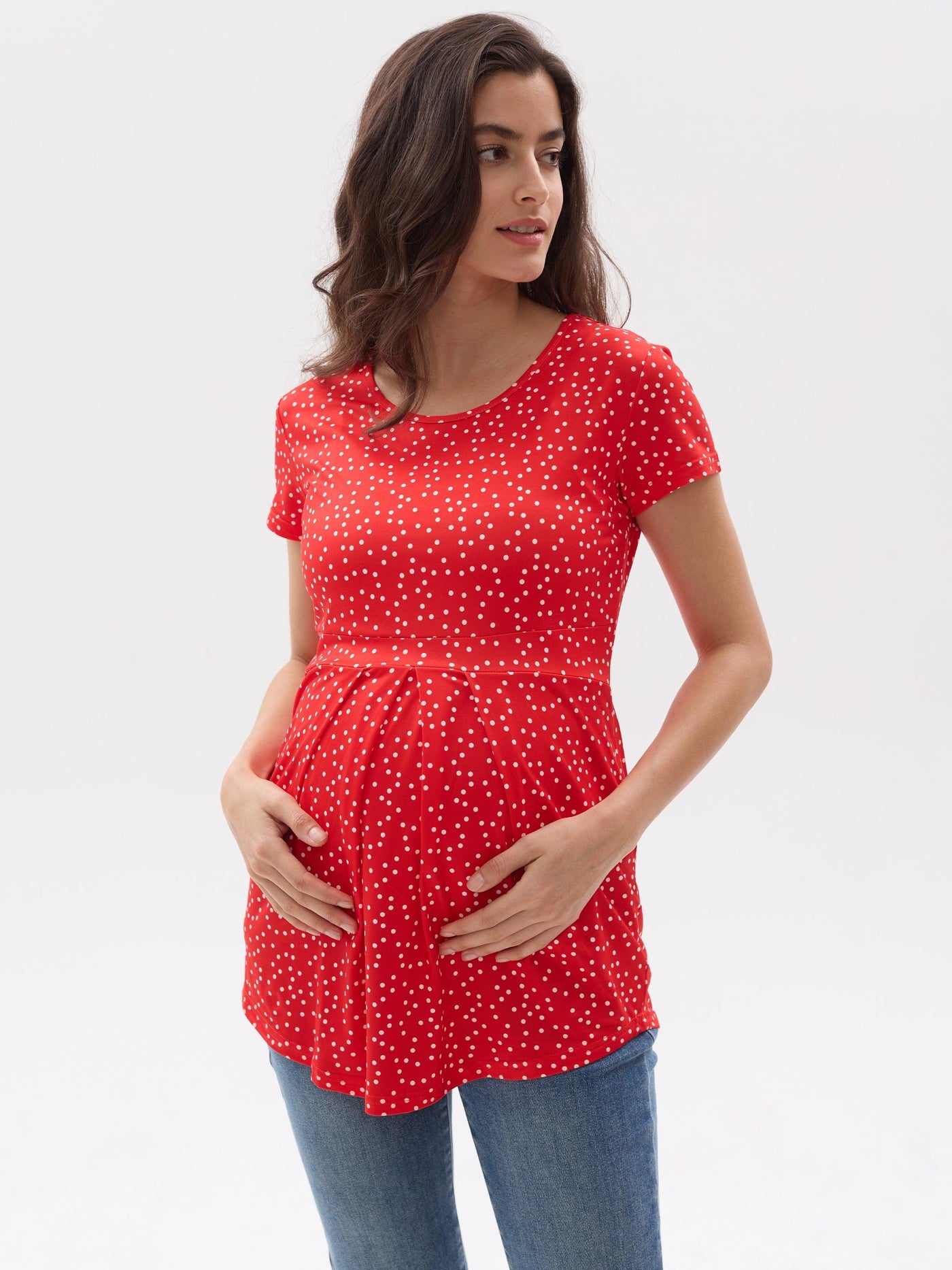 Red Polka Dot Pleated Peplum Short Sleeve Maternity Top - Leolace