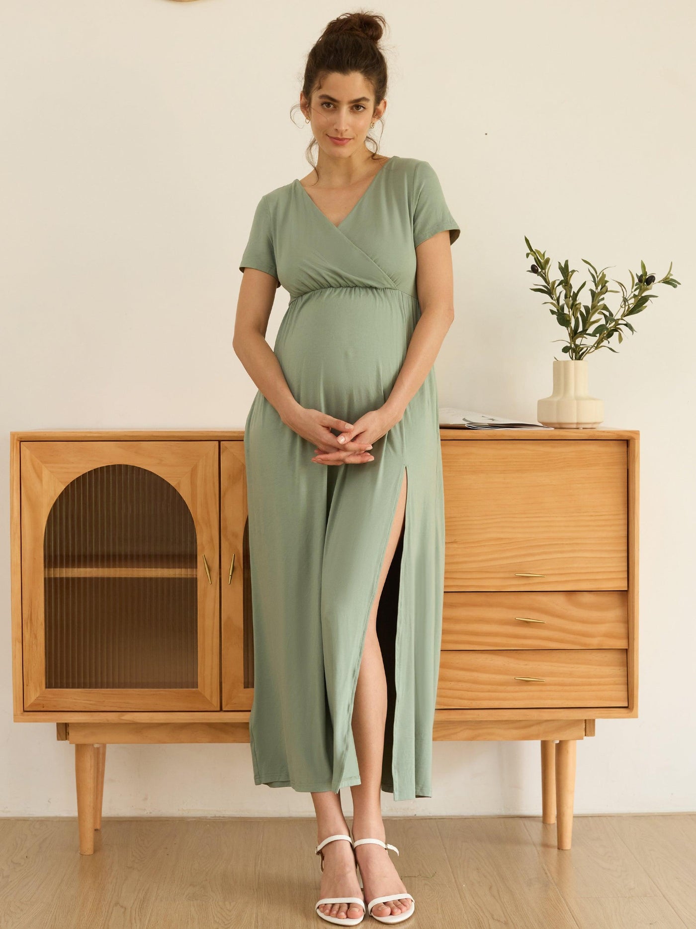 Sage Green V-Neck Draped Side Slit Maternity/Nursing Maxi Dress - Leolace