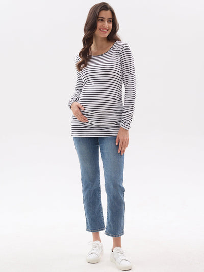 Striped Basic Long Sleeve Ruched Side Maternity Top - Leolace