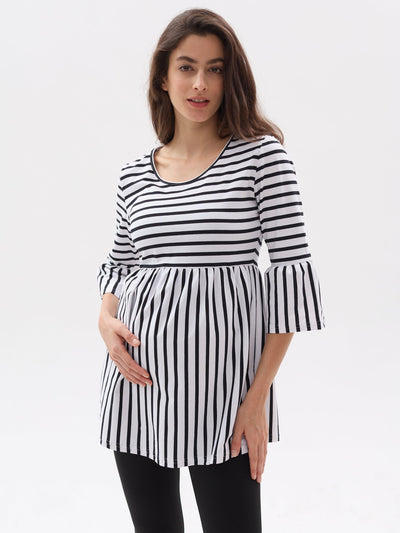 Striped Peplum Maternity Top with Ruffle Sleeves - Leolace