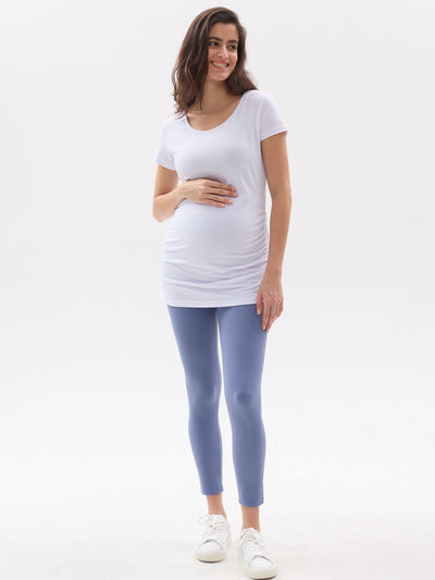 White Basic Scoopneck Ruched Fitted Maternity Top - Leolace