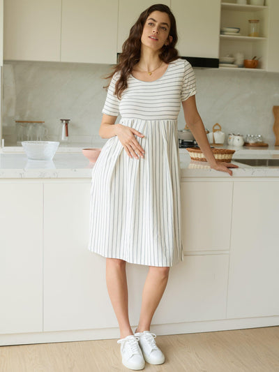 White Striped Cotton Pleated Short Sleeve Maternity Midi Dress - Leolace